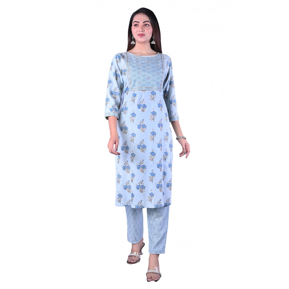 Generic Women's Casual 3/4 Sleeve Printed Rayon Kurti With Pant Set (Blue) - Noble Nook