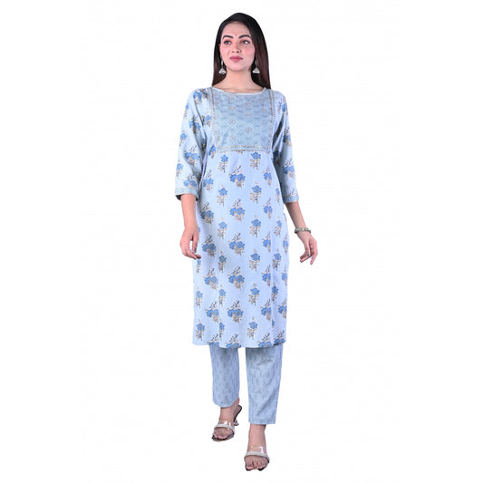 Generic Women's Casual 3/4 Sleeve Printed Rayon Kurti With Pant Set (Blue) - Noble Nook