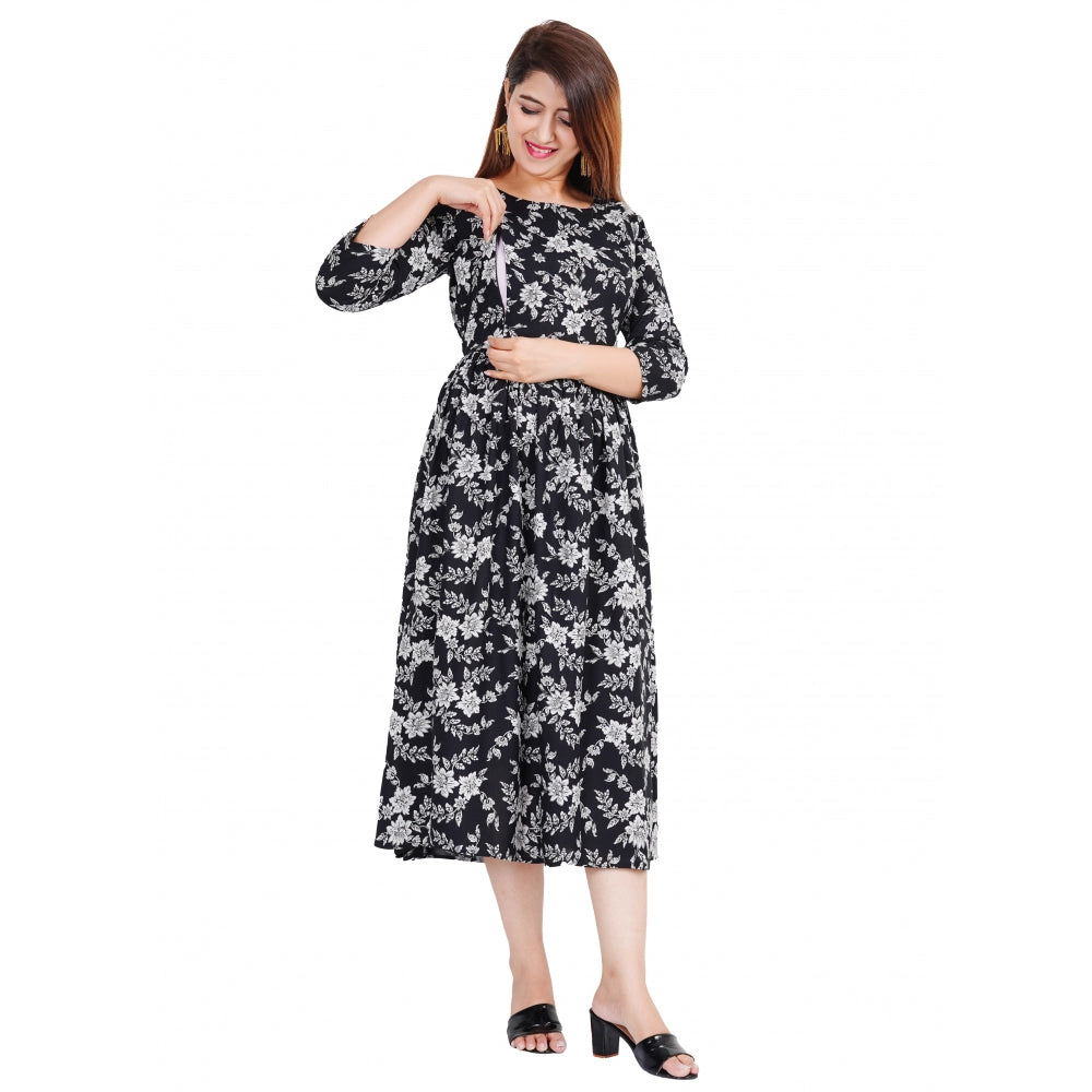 Generic Women's Casual 3/4 Sleeve Printed Viscose Maternity Feeding Kurti (Black) - Noble Nook