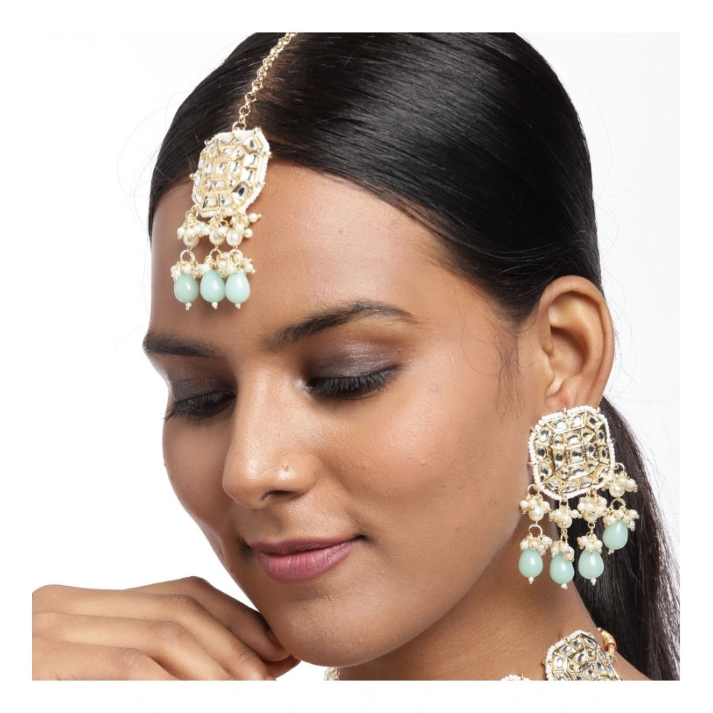 Generic Women's Rose Gold Plated Alloy Kundan Earrings &amp; Mangtikka (White) - Noble Nook