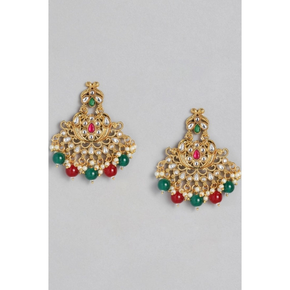 Generic Women's Rose Gold Plated Alloy Kundan Earrings &amp; Mangtikka (Red &amp; Green) - Noble Nook