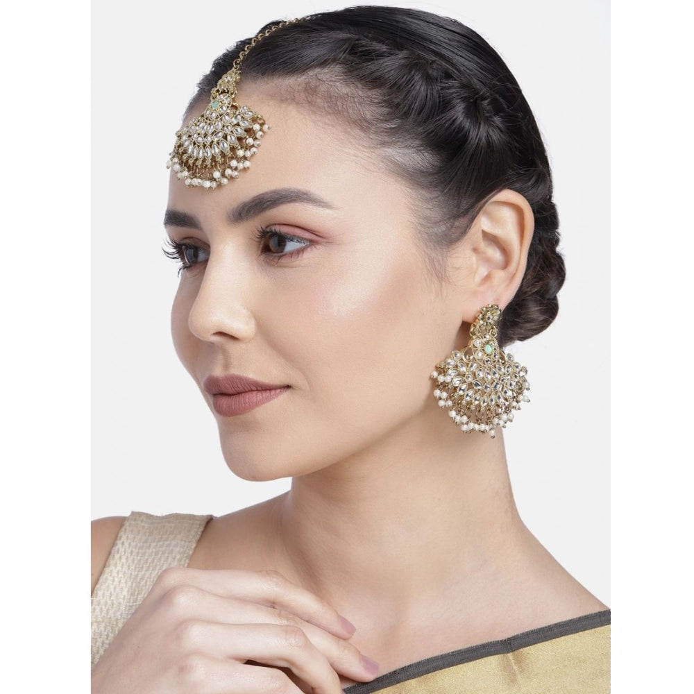 Generic Women's Rose Gold Plated Alloy Kundan Earrings &amp; Mangtikka (White) - Noble Nook