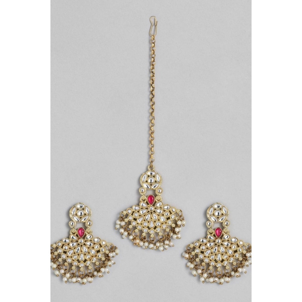 Generic Women's Rose Gold Plated Alloy Kundan Earrings &amp; Mangtikka (White) - Noble Nook