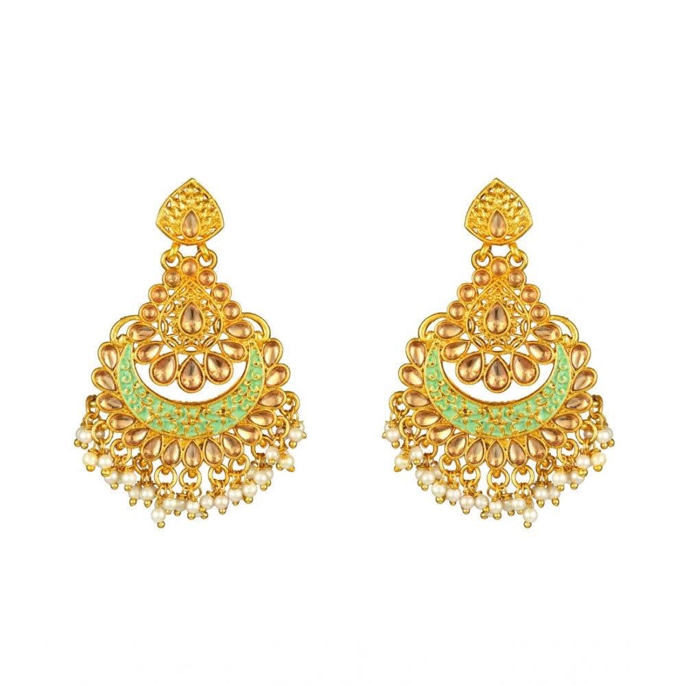 Generic Women's Rose Gold Plated Alloy Kundan Earrings &amp; Mangtikka (Green) - Noble Nook