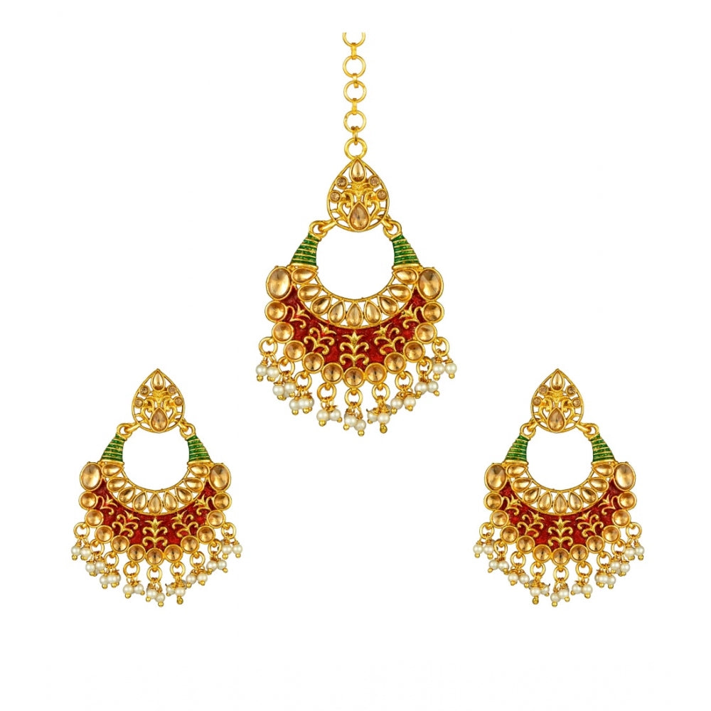 Generic Women's Rose Gold Plated Alloy Kundan Earrings &amp; Mangtikka (Red &amp; Green) - Noble Nook