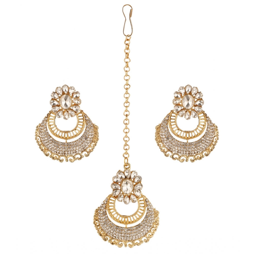 Generic Women's Rose Gold Plated Alloy Kundan Earrings &amp; Mangtikka (White) - Noble Nook