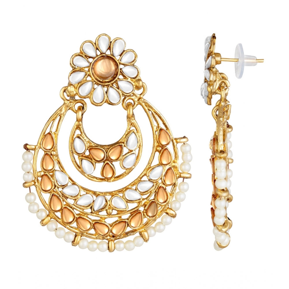 Generic Women's Rose Gold Plated Alloy Kundan Earrings &amp; Mangtikka (White &amp; Gold) - Noble Nook