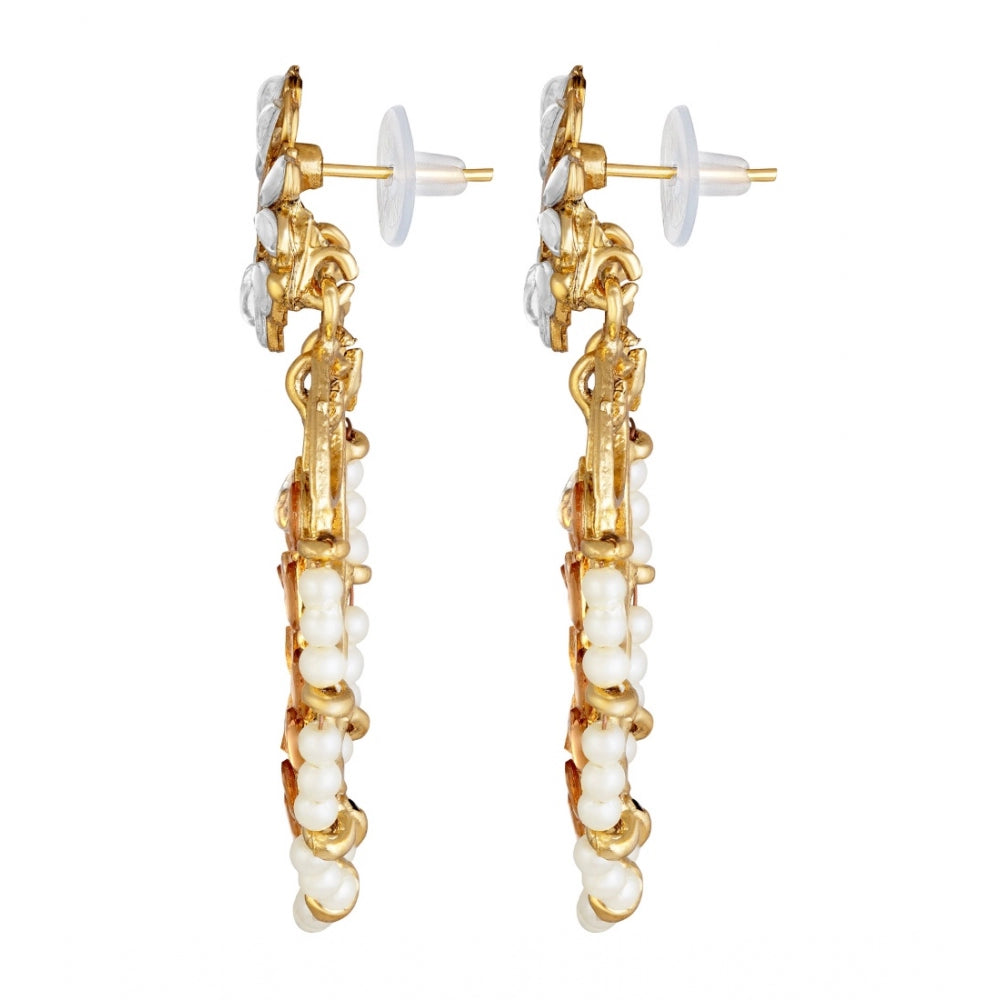 Generic Women's Rose Gold Plated Alloy Kundan Earrings &amp; Mangtikka (White &amp; Gold) - Noble Nook