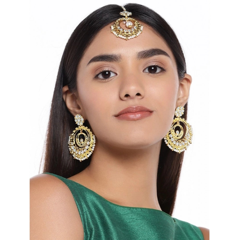 Generic Women's Rose Gold Plated Alloy Kundan Earrings &amp; Mangtikka (White) - Noble Nook