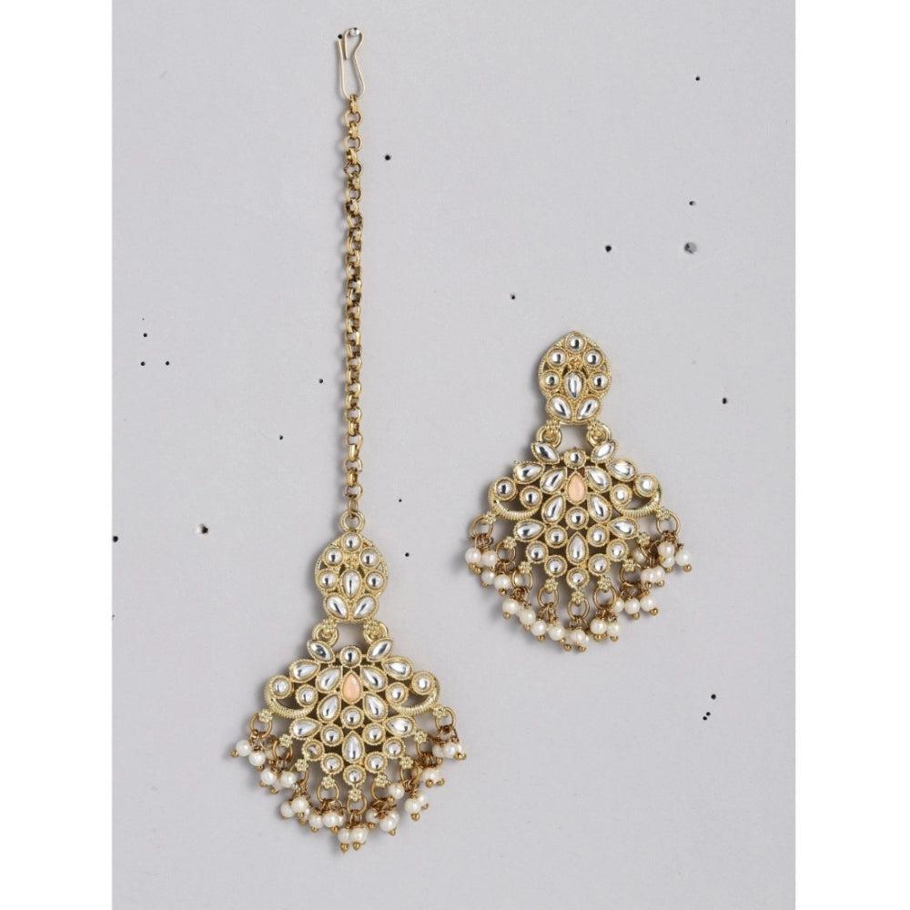 Generic Women's Rose Gold Plated Alloy Kundan Earrings &amp; Mangtikka (White) - Noble Nook