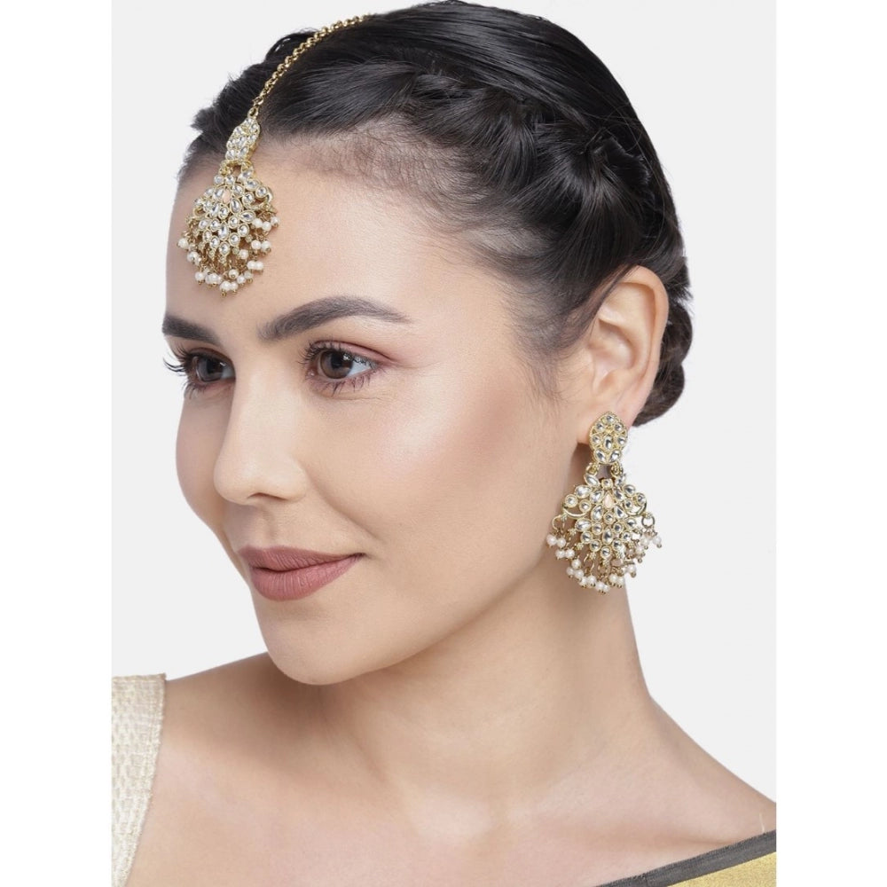 Generic Women's Rose Gold Plated Alloy Kundan Earrings &amp; Mangtikka (White) - Noble Nook