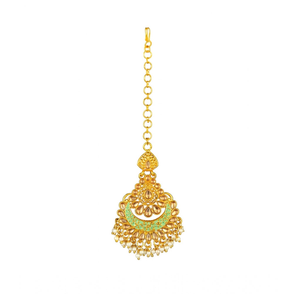 Generic Women's Rose Gold Plated Alloy Kundan Earrings &amp; Mangtikka (Green) - Noble Nook