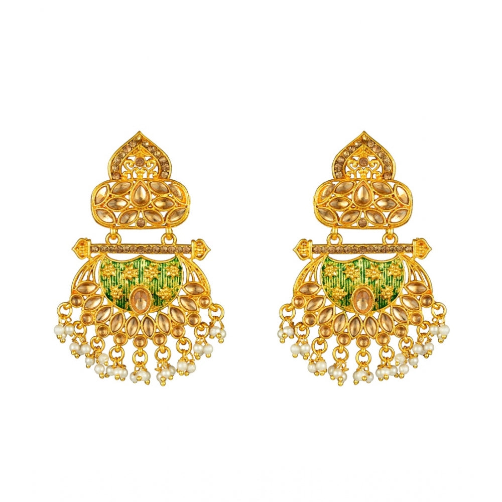 Generic Women's Rose Gold Plated Alloy Kundan Earrings &amp; Mangtikka (Green) - Noble Nook