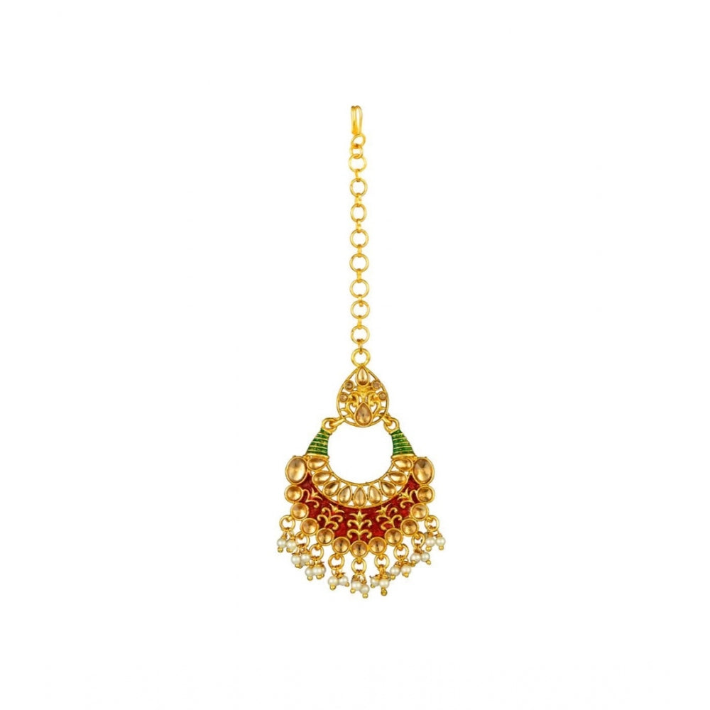 Generic Women's Rose Gold Plated Alloy Kundan Earrings &amp; Mangtikka (Red &amp; Green) - Noble Nook