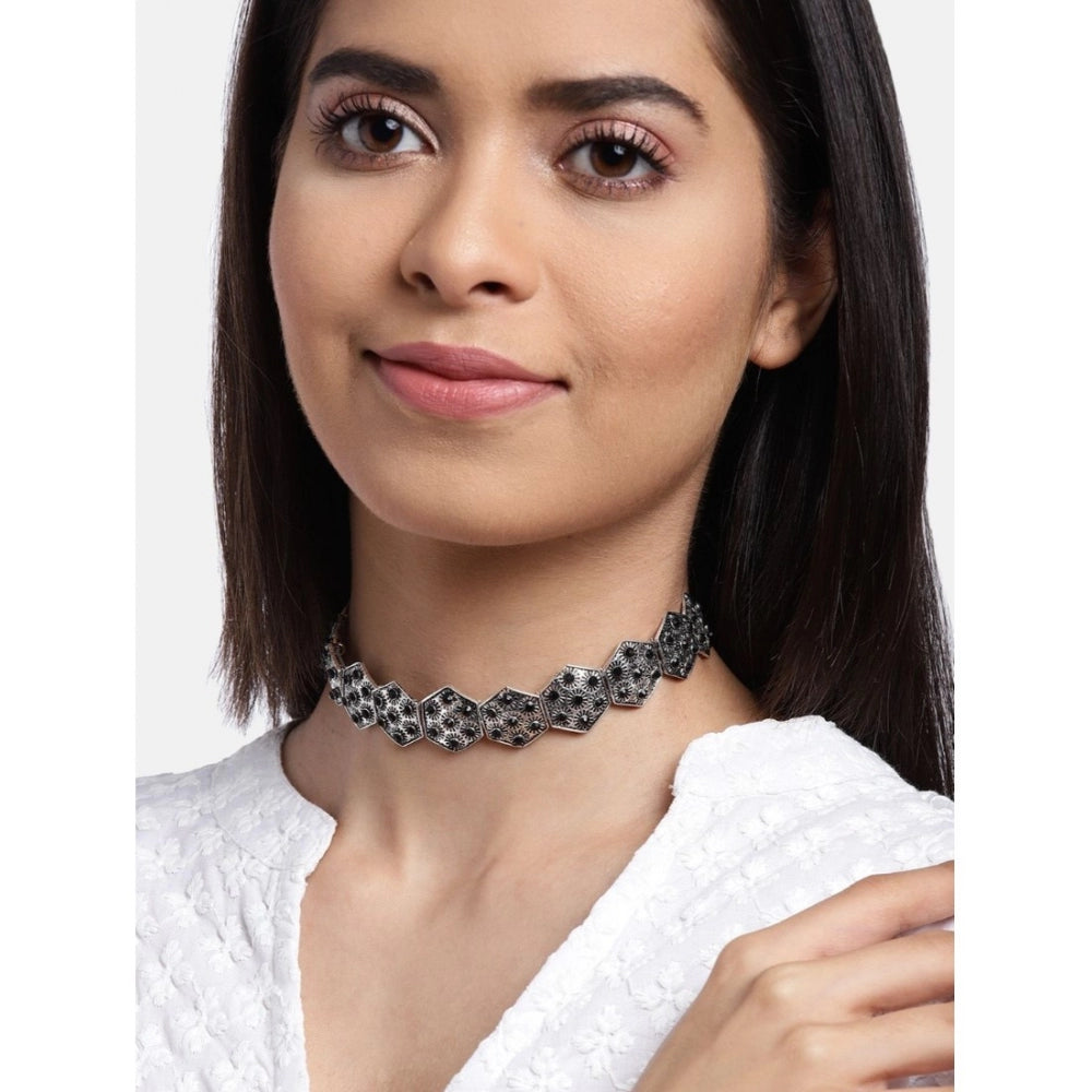 Generic Women's Rose Gold Plated Alloy Choker (Silver &amp; Black) - Noble Nook