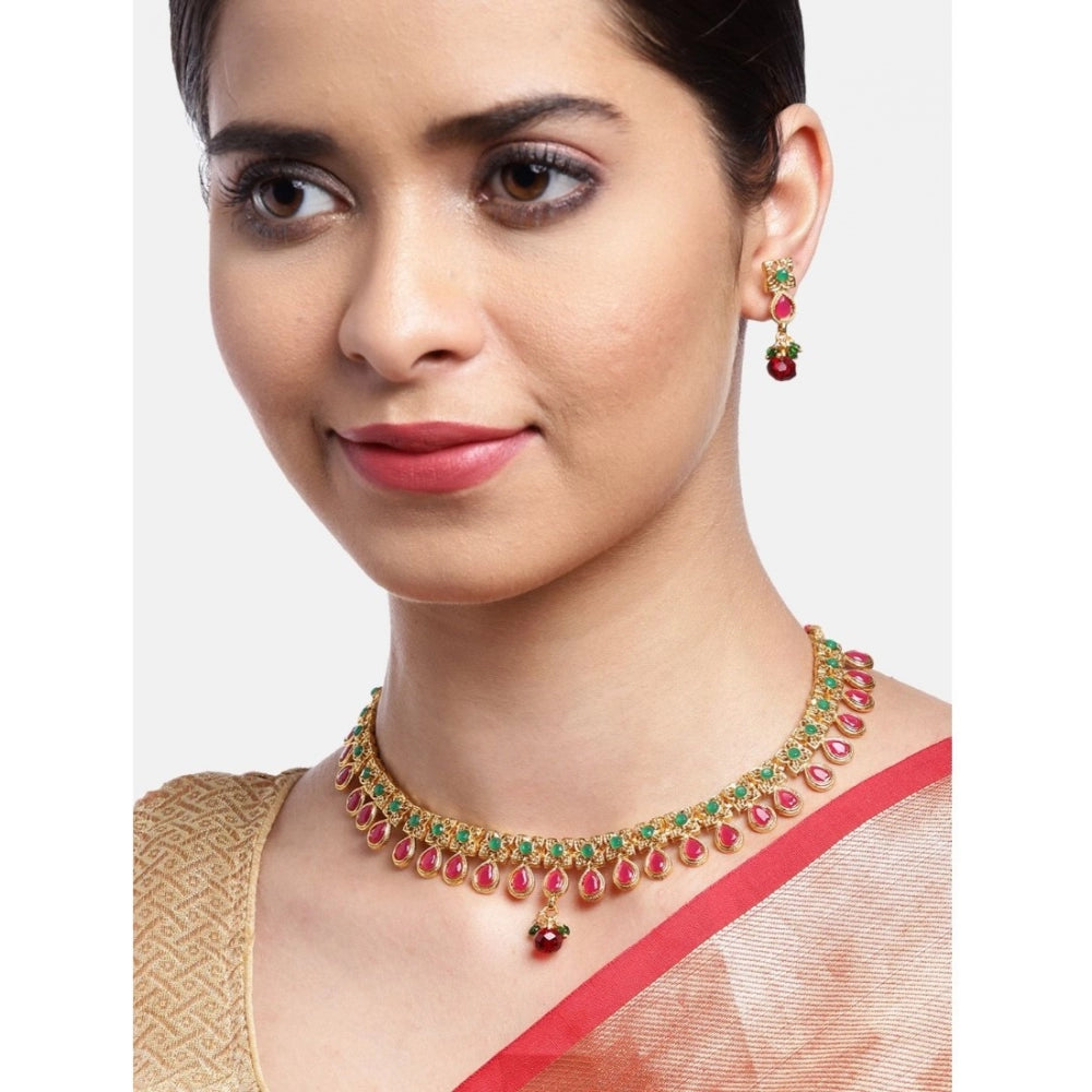 Generic Women's Rose Gold Plated Alloy Necklace &amp; Earings Set (Green &amp; Red) - Noble Nook