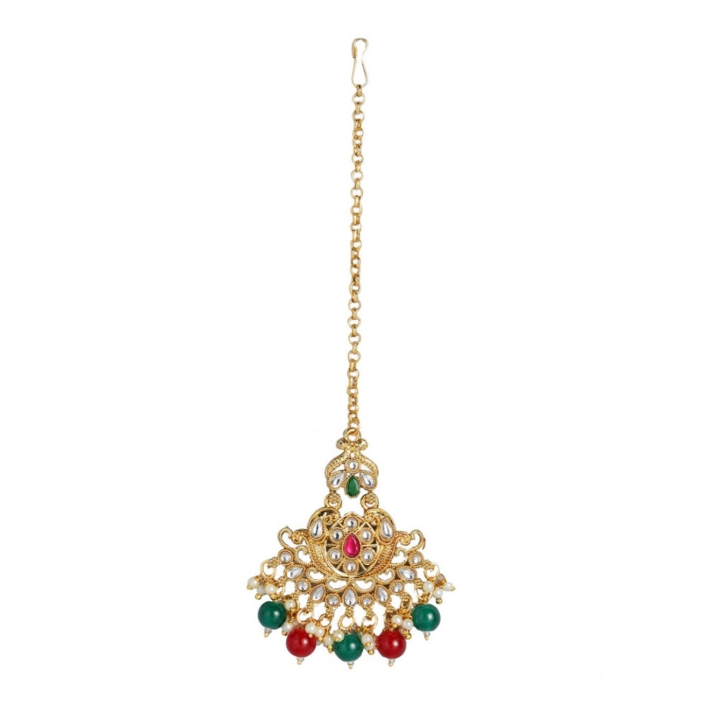 Generic Women's Rose Gold Plated Alloy Kundan Earrings &amp; Mangtikka (Red &amp; Green) - Noble Nook