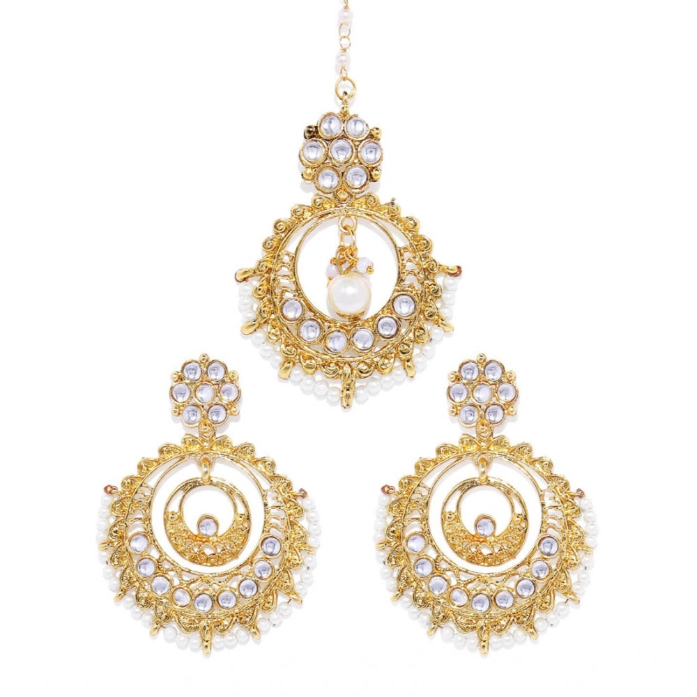 Generic Women's Rose Gold Plated Alloy Kundan Earrings &amp; Mangtikka (White) - Noble Nook