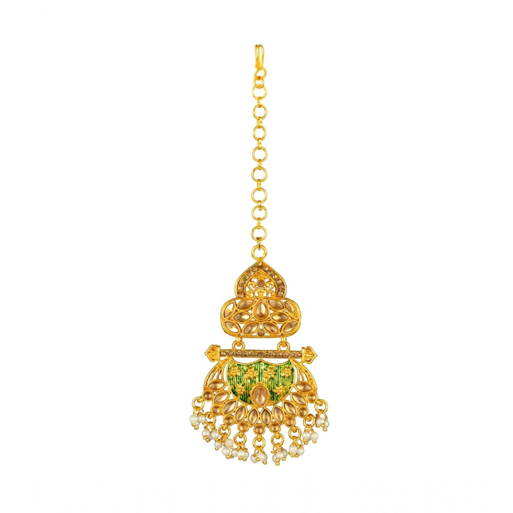 Generic Women's Rose Gold Plated Alloy Kundan Earrings &amp; Mangtikka (Green) - Noble Nook