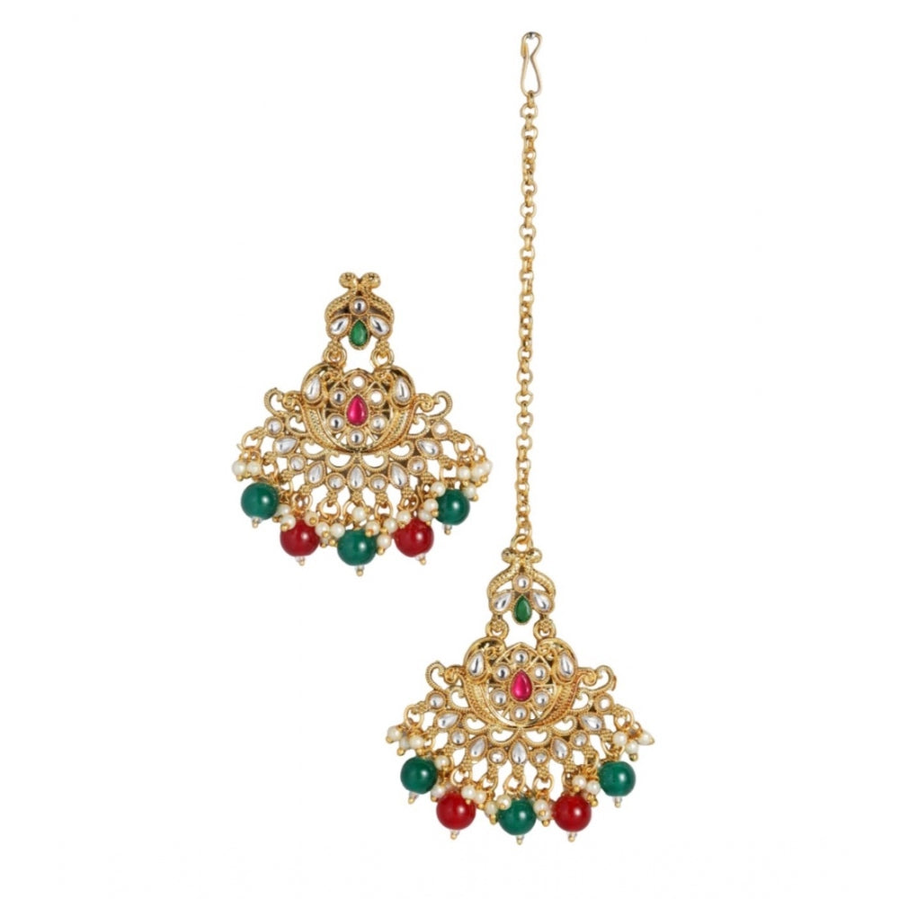 Generic Women's Rose Gold Plated Alloy Kundan Earrings &amp; Mangtikka (Red &amp; Green) - Noble Nook