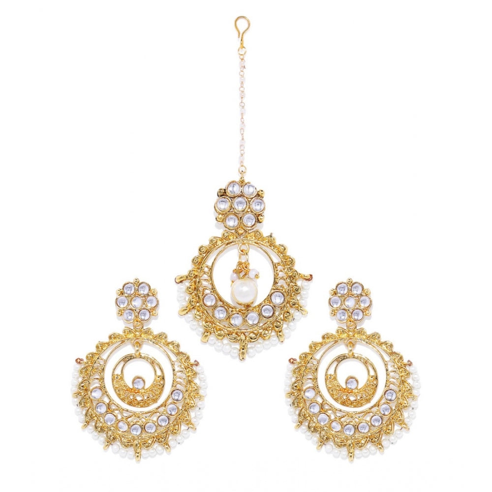 Generic Women's Rose Gold Plated Alloy Kundan Earrings &amp; Mangtikka (White) - Noble Nook