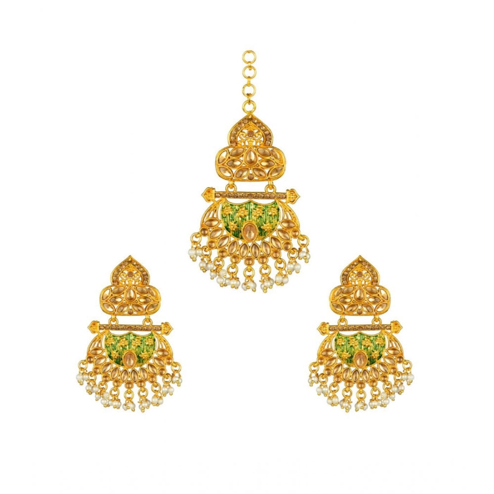 Generic Women's Rose Gold Plated Alloy Kundan Earrings &amp; Mangtikka (Green) - Noble Nook