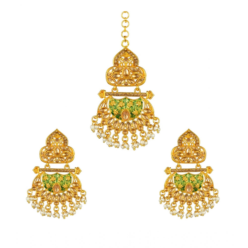 Generic Women's Rose Gold Plated Alloy Kundan Earrings &amp; Mangtikka (Green) - Noble Nook