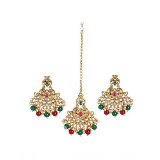 Generic Women's Rose Gold Plated Alloy Kundan Earrings &amp; Mangtikka (Red &amp; Green) - Noble Nook