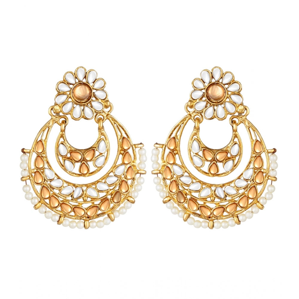 Generic Women's Rose Gold Plated Alloy Kundan Earrings &amp; Mangtikka (White &amp; Gold) - Noble Nook