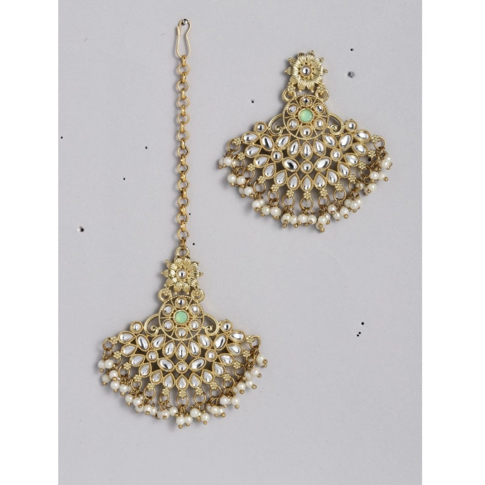 Generic Women's Rose Gold Plated Alloy Kundan Earrings &amp; Mangtikka (White) - Noble Nook