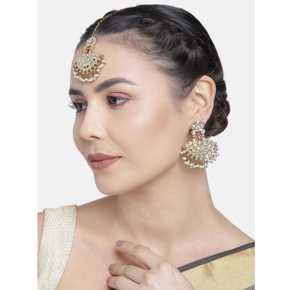 Generic Women's Rose Gold Plated Alloy Kundan Earrings &amp; Mangtikka (White) - Noble Nook