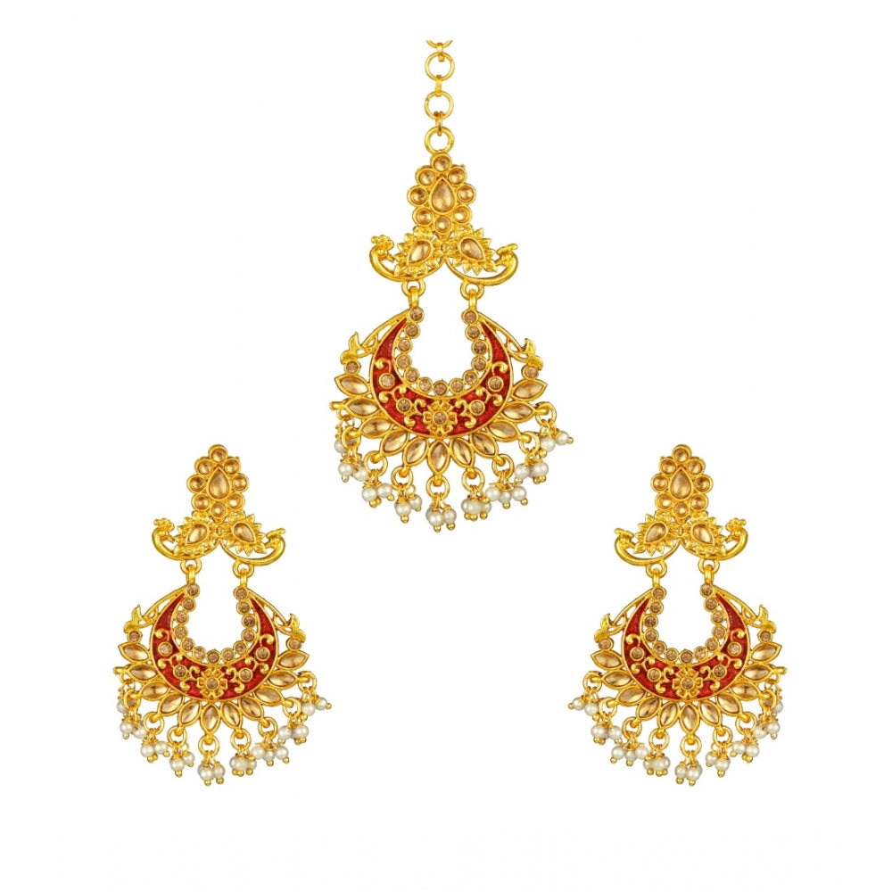 Generic Women's Rose Gold Plated Alloy Kundan Earrings &amp; Mangtikka (Maroon) - Noble Nook