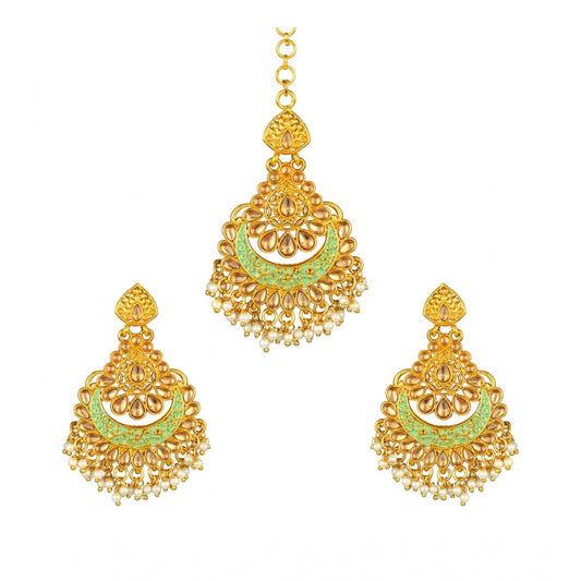 Generic Women's Rose Gold Plated Alloy Kundan Earrings &amp; Mangtikka (Green) - Noble Nook