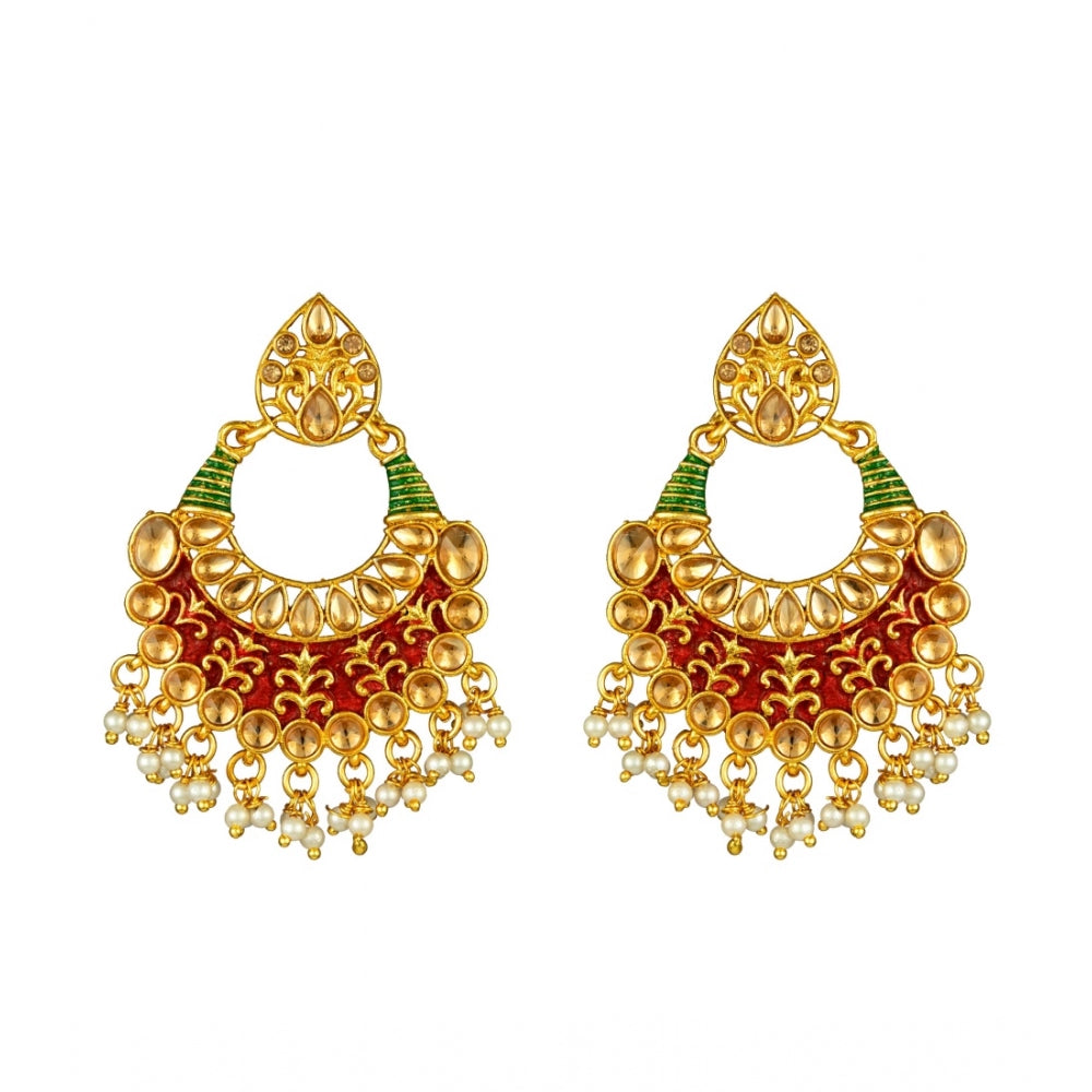 Generic Women's Rose Gold Plated Alloy Kundan Earrings &amp; Mangtikka (Red &amp; Green) - Noble Nook