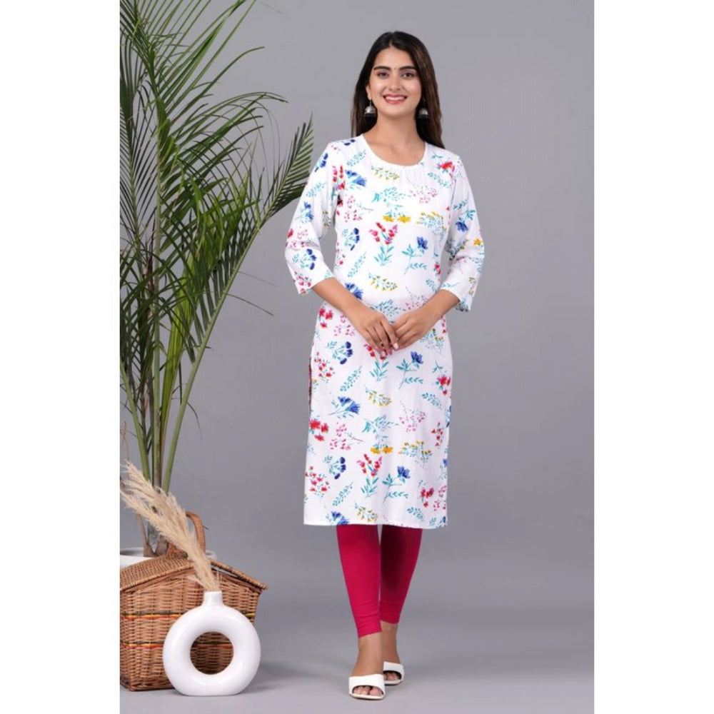 Generic Women's Casual 3/4 Sleeve Printed Rayon Kurti (White) - Noble Nook