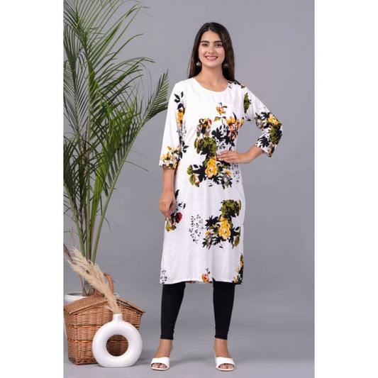 Generic Women's Casual 3/4 Sleeve Printed Rayon Kurti (White) - Noble Nook