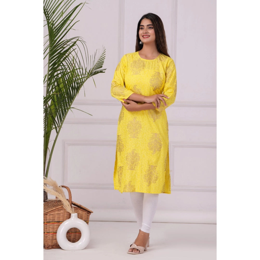 Generic Women's Casual 3/4 Sleeve Printed Rayon Kurti (Yellow) - Noble Nook