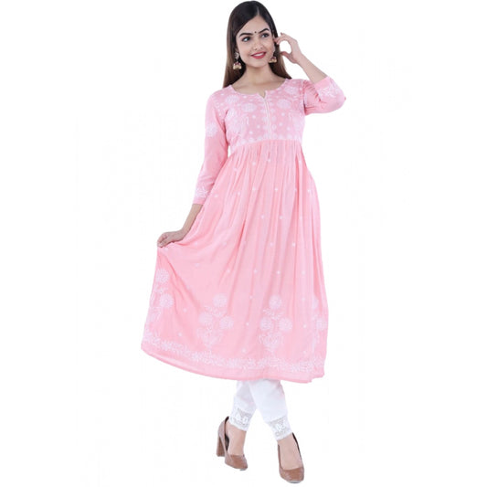 Generic Women's Casual 3/4 Sleeve Embroidered Rayon Kurti Set (Pink) - Noble Nook