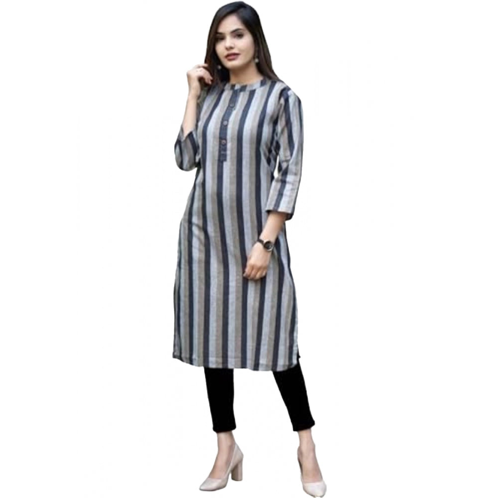 Generic Women's Casual 3/4 Sleeve Strip Rayon Kurti (Grey) - Noble Nook