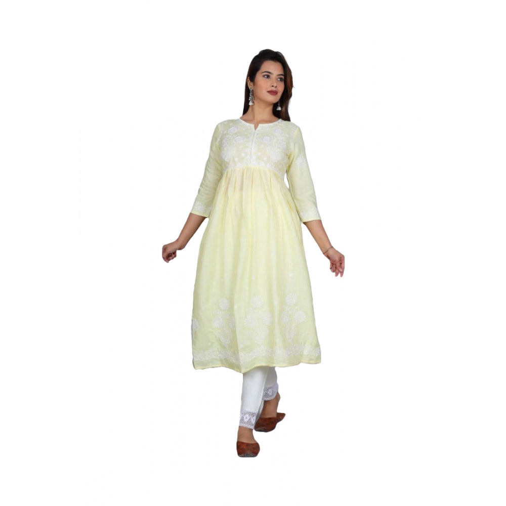 Generic Women's Casual 3/4 Sleeve Embroidered Rayon Kurti Set (Yellow) - Noble Nook