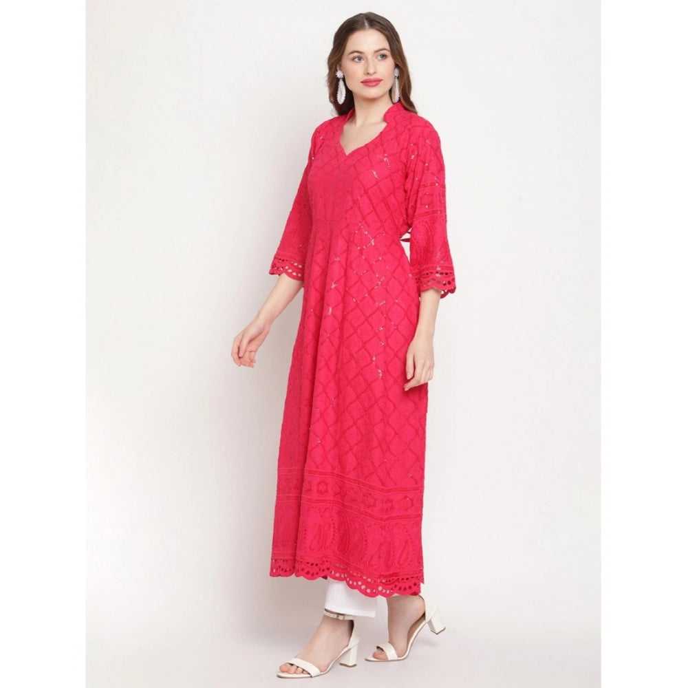 Generic Women's Casual 3/4th Sleeve Embroidered Cotton Kurti (Magenta) - Noble Nook