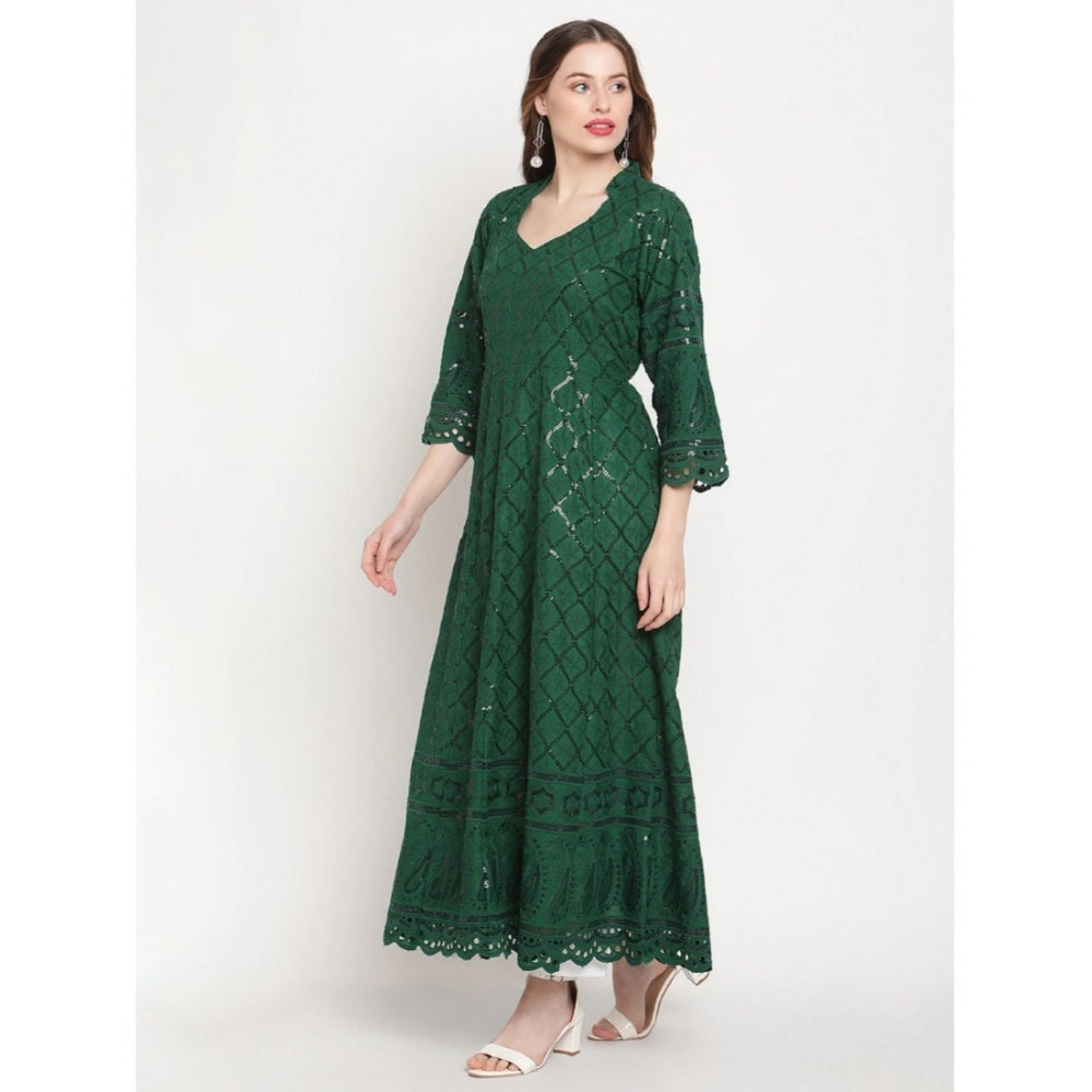 Generic Women's Casual 3/4th Sleeve Embroidered Cotton Kurti (Dark Green) - Noble Nook