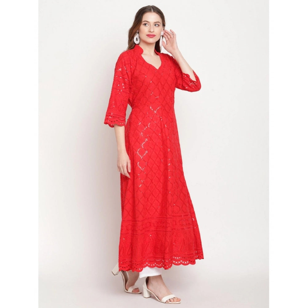 Generic Women's Casual 3/4th Sleeve Embroidered Cotton Kurti (Red) - Noble Nook