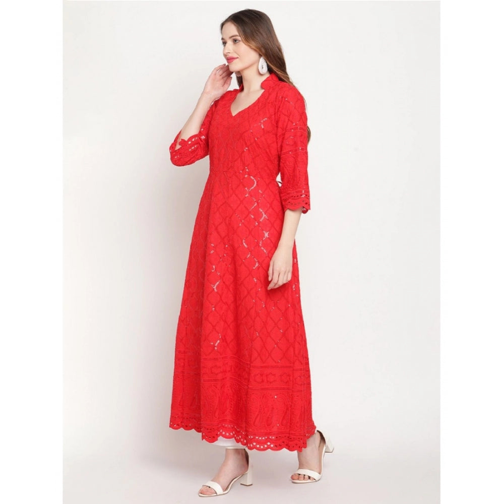 Generic Women's Casual 3/4th Sleeve Embroidered Cotton Kurti (Red) - Noble Nook