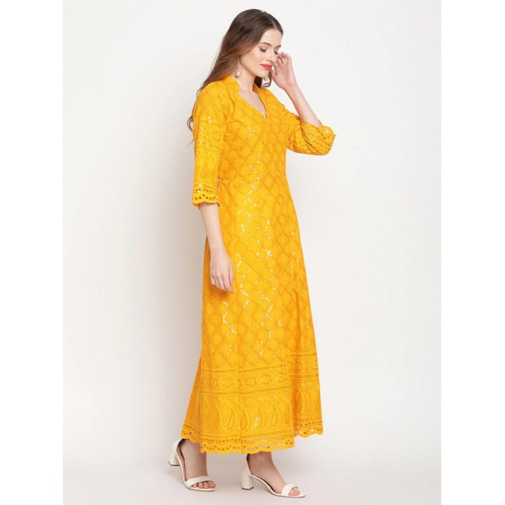 Generic Women's Casual 3/4th Sleeve Embroidered Cotton Kurti (Mustard) - Noble Nook