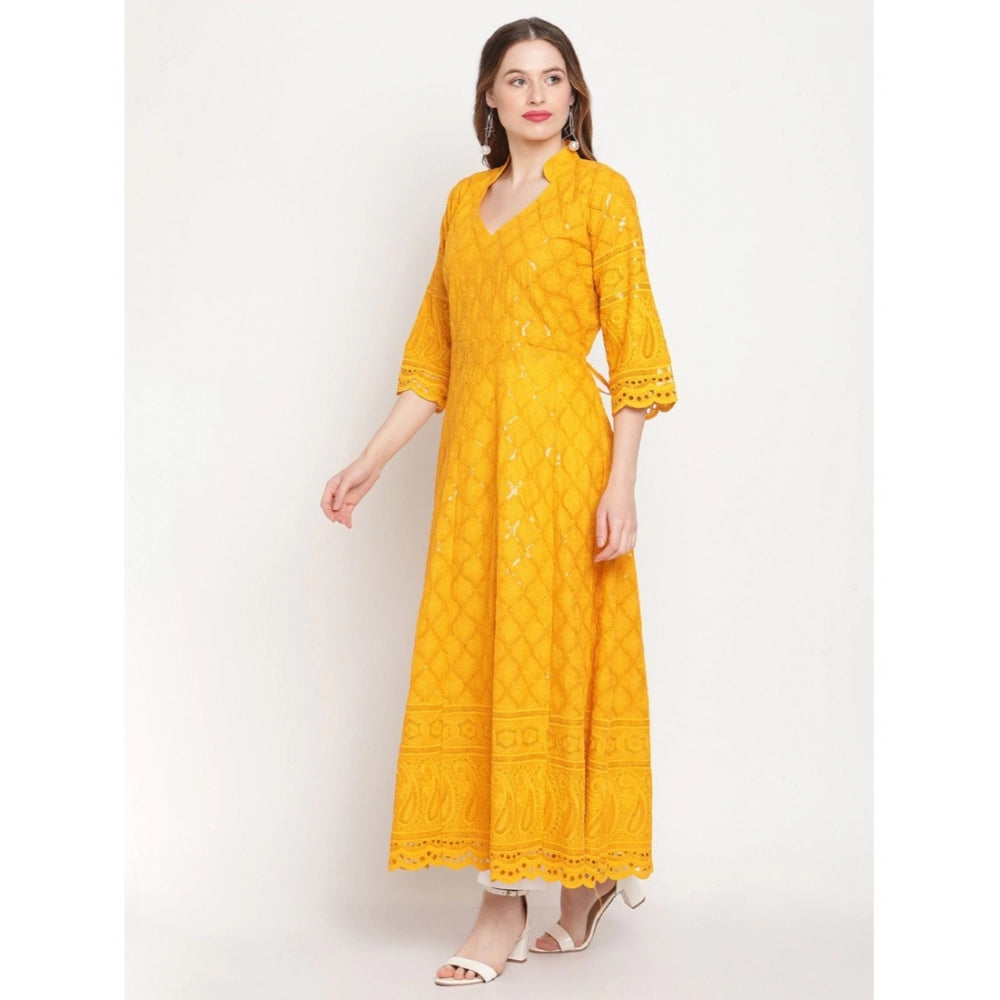 Generic Women's Casual 3/4th Sleeve Embroidered Cotton Kurti (Mustard) - Noble Nook