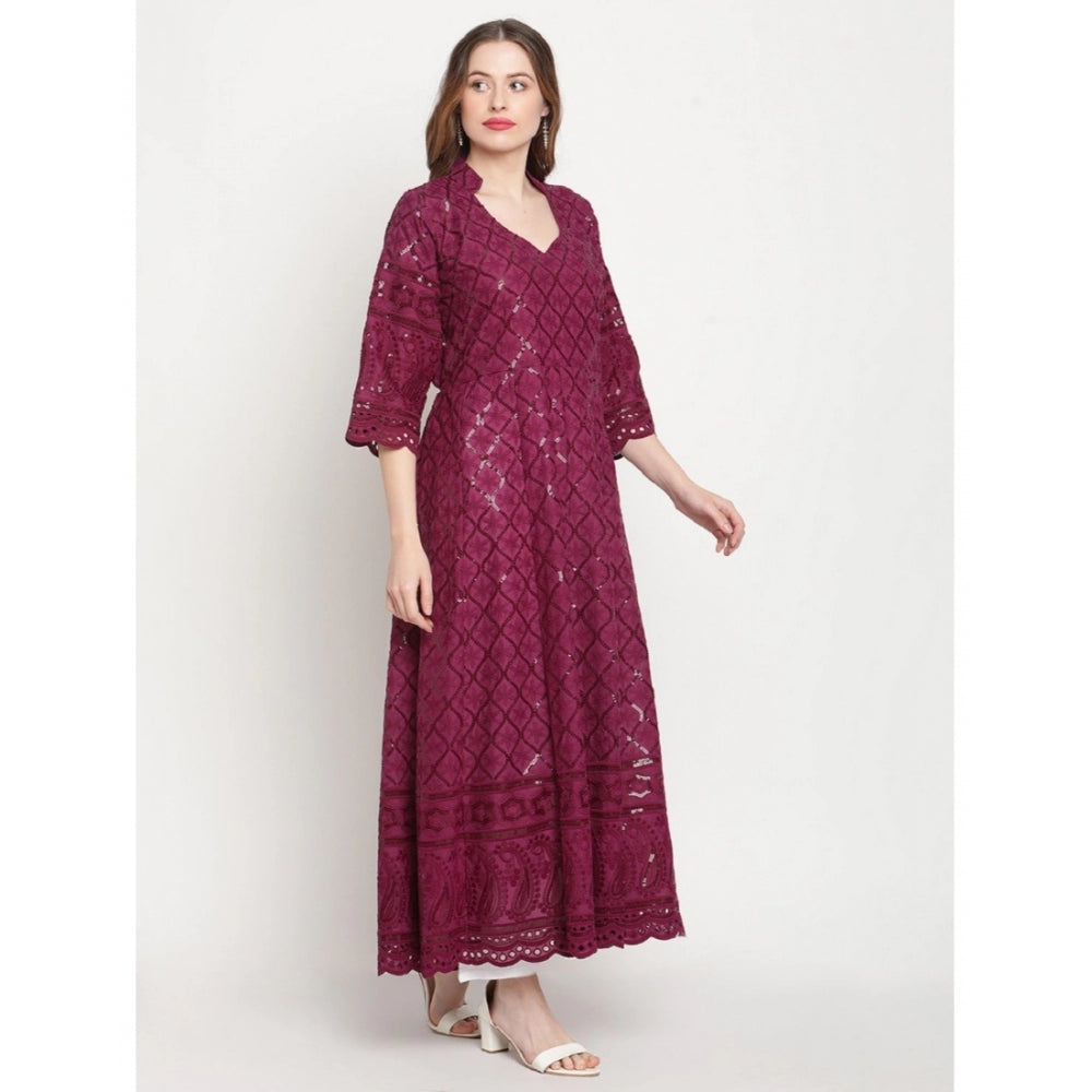 Generic Women's Casual 3/4th Sleeve Embroidered Cotton Kurti (Purple) - Noble Nook