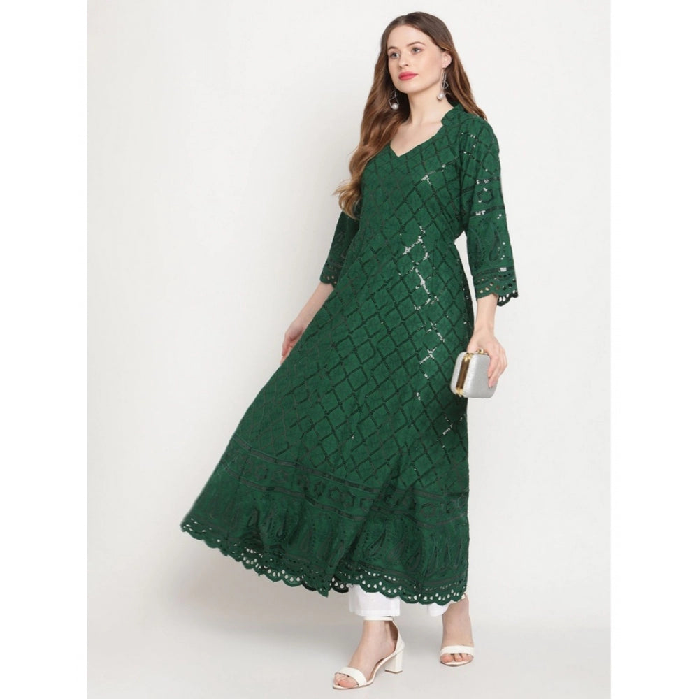 Generic Women's Casual 3/4th Sleeve Embroidered Cotton Kurti (Dark Green) - Noble Nook