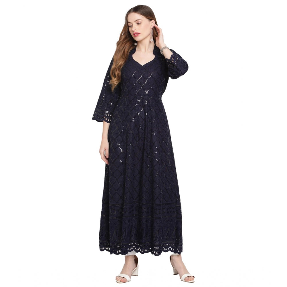 Generic Women's Casual 3/4th Sleeve Embroidered Cotton Kurti (Navy Blue) - Noble Nook