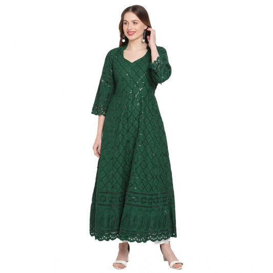 Generic Women's Casual 3/4th Sleeve Embroidered Cotton Kurti (Dark Green) - Noble Nook